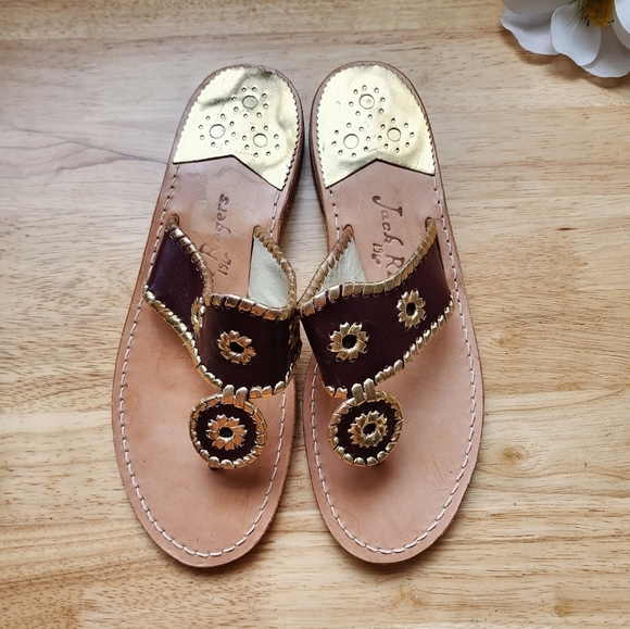 Jack Rogers Shoes - Jack Rogers Burgundy Gold Leather Stitch Slide Thong Sandal Womens 9.5
